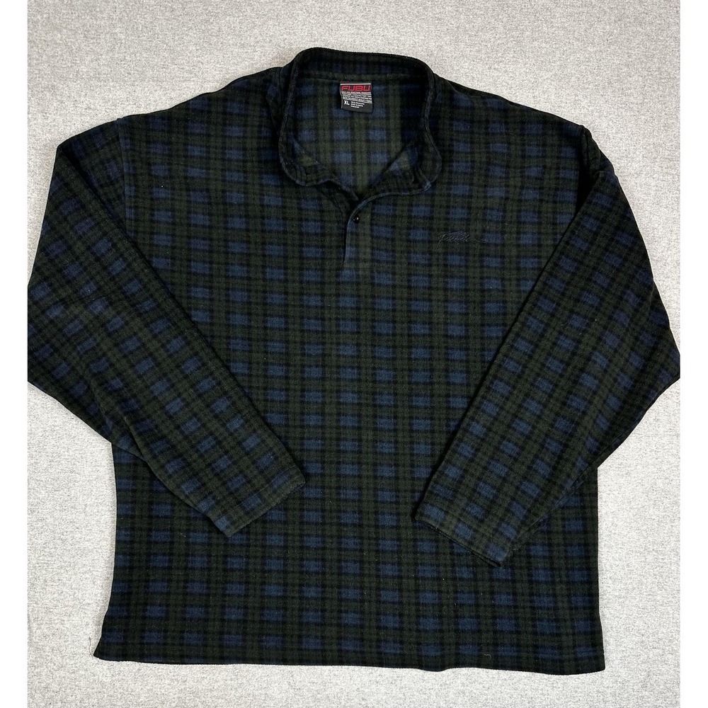 FUBU Shirt Mens XL Green Blue Plaid Fleece Long Sleeve Polo Pullover Casual